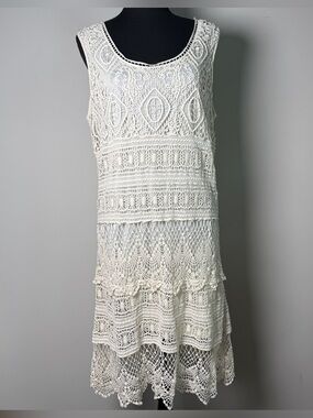 J Gee Ivory Cotton Crochet Tiered Dress Scallop Hem Boho Garden Party Vintage XL